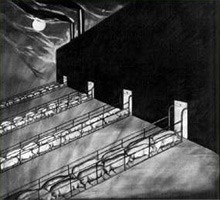  קרן אור יום אחרונה : ייצוג נוסף של חיות הצועדות מעולם אפל לתוך האור הבוקע ממפעל. בהדפס זה החזירים נבלעים...