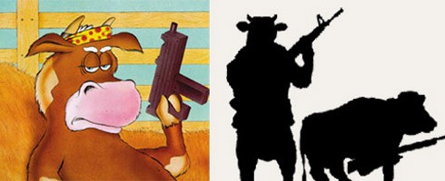 תמנות של פרות עם כלי נשק. חיות משיבות מלחמה.