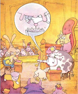 פרה מאשימה חוואי בסחיטת העטינים שלה במשפט שמנהל שופט חזיר בקריקטורה.