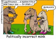 קריקטורה המציגה שתי תגובות ללבישת פרווה- גינוי והתפעלות.