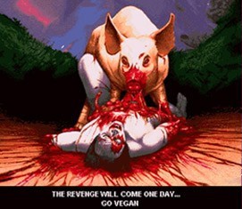 קריקטורה של חזיר הורג אדם, במטרה לדמות היפוך של יחסי הפגיעה המקובלים במציאות