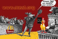 פרה מציגה המבורגר בתור ראיה במשפט שנערך לליצן רונלד מק'דונלדס.