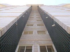 בניין עם דוקרנים להרחקת יונים. היונה לא עומדת על הדוקרנים