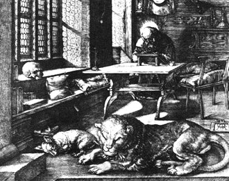 היירונימוס הקדוש בחדר עבודתו בתחריט מאת אלברכט דירר 