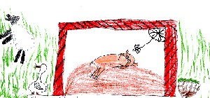 ציור מאת תלמיד כיתה ב', ג'יימי, המתאר את את ווילבור הבוכה במכלאה, תוך הדגשה יוצאת-דופן של הכליאה