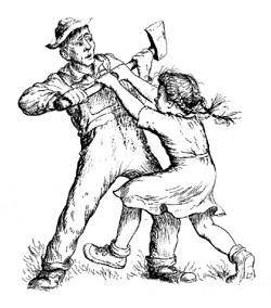 ילדה רבה עם חקלאי, מנסה למנוע ממנו לשחוט חיה.