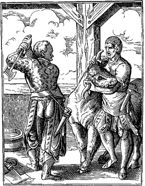  הקצב ועוזרו , חיתוך עץ מאת האמן השוויצריJost Amman, משנת 1568. דקארט הרבה לבקר בקצביות ולחזות בהרג החיות.