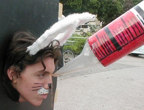 מיצג אנונימוס בהפגנה נגד מבדקי רעילות בחיות