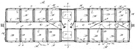 קרון הובלה לעופות, מבט מלמעלה, קומה אחת מבין 8 קומות. (פטנט 384913, מאת William P. Jenkins, נרשם ב-19.6.1888)