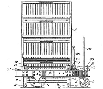 סוללת כלובי פיטום על גלגלים, המצאה שלא נקלטה בגלל המעבר לפיטום על הקרקע (פטנט 1239771 מאת George Collis, פורסם ב-11.9.1917)