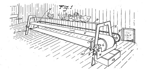 המחשה של עיקרון פינוי הלשלשת הנפוץ גם כיום בלולי סוללה, מתוך פטנט אמריקאי 1165252, מתקן ללינת עופות של הוברט...