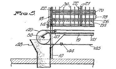 שרטוט מוקדם של מתקן פינוי לשלשת אוטומטי מתחת לכלוב סוללה: פטנט אמריקאי 2264959  סוללת הטלה של ספרי ומקהפל...