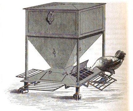 מתקן אוטומטי להאכלת עופות, סקוטלנד, 1829. (מתוך: Transactions of the Highland and Agricultural , Society of Scotland, Volume 3, עמ' 405).