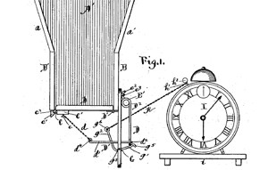 מתקן לפתיחת אבוס המחובר לשעון מעורר. מתוך: פטנט אמריקאי 729675, מאכיל זמן לחיות-משק של מייקל סארספילד, 1903.
