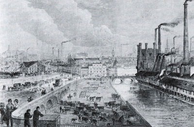 מראה של עיר אנגלית (שפילד) בסביבות 1879: מפעלים מאופק לאופק, אך בקר עדיין מובל לשחיטה בתחומי העיר.