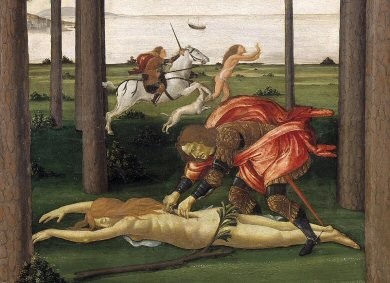 עונשה של סרבנית: המחזר הדחווי רודף אחר האישה והורג אותה בעזרת כלבים, אשר זוכים בלבה כמאכל. פרט מתוך ציור...