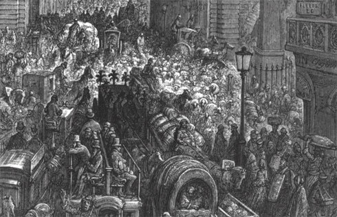 פקק תנועה של עדר כבשים, כרכרות ואנשים במרכז לונדון, לודגייט היל – חסימה ברחוב, גוסטב דורה, 1872 (פרט).