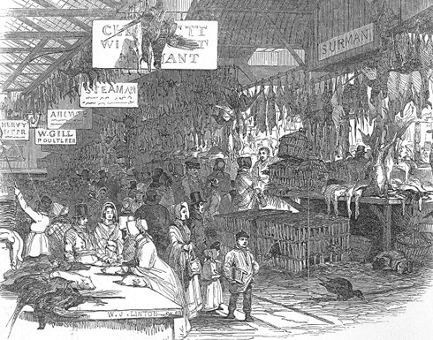 עופות ויונקים קטנים מתים, מוצגים למכירה לצד עופות חיים בכלובים ובחוץ, שוק לידנהול בעיר לונדון בעת חג...