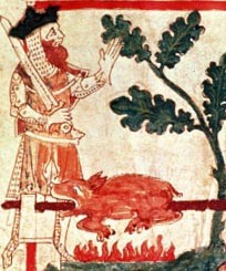 צלייה של חזיר בשלמותו, פרט מתוך איור לכתב יד אנגלי מהמאה ה-14